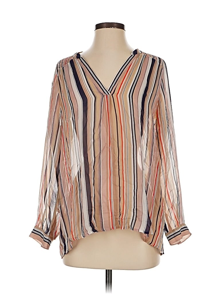 Pre-owned Joie Long Sleeve Silk Top Tan V Neck Tops In Brown