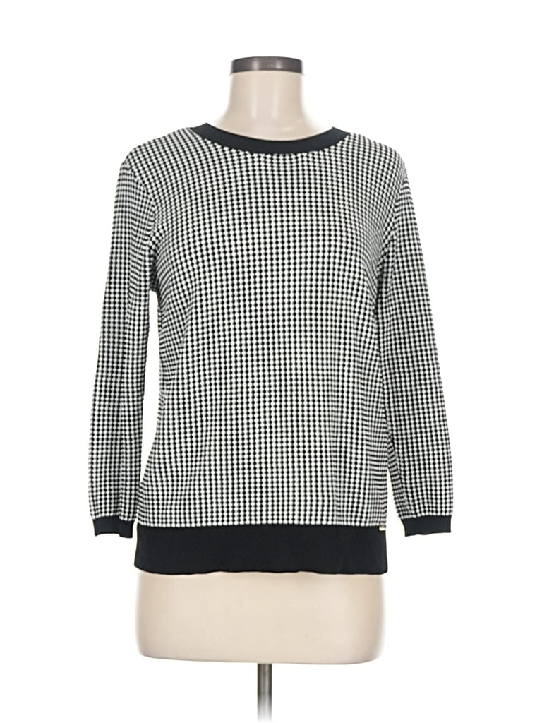 Pre-owned Anne Klein Long Sleeve Top Black Checkered/gingham Pattern Crew Neck Tops