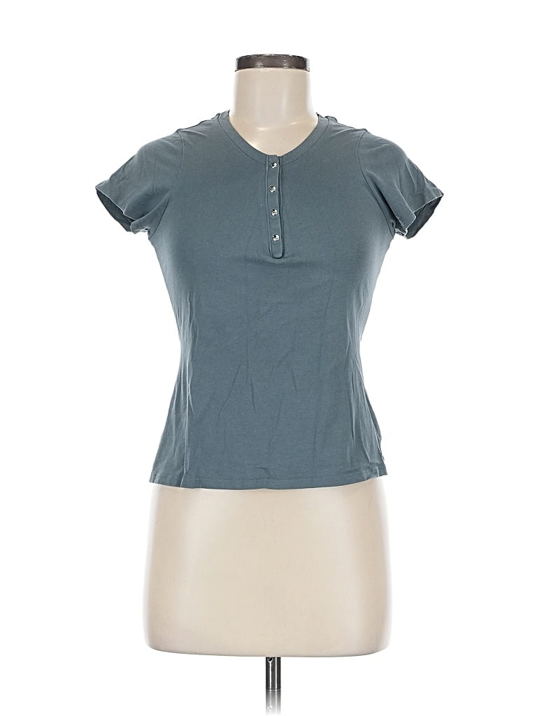 Pre-owned Guess Short Sleeve Top Teal Keyhole Neckline Tops In Blue
