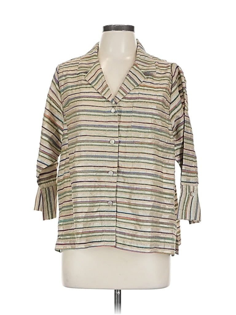 Pre-owned Chico's Design 3/4 Sleeve Silk Top Gray Stripes Pattern Collared Neckline Tops