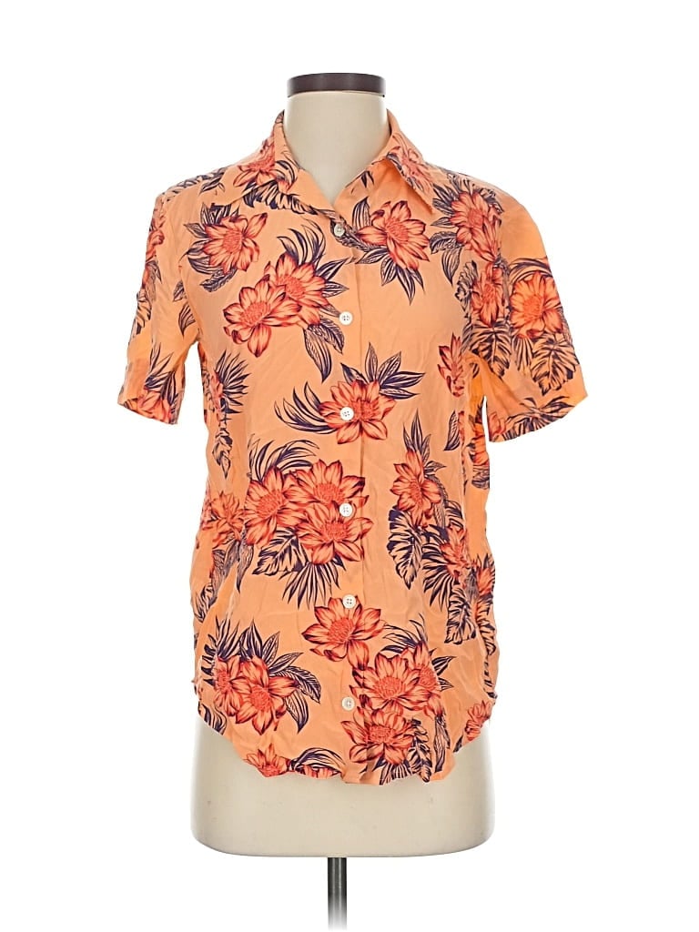 Pre-owned Equipment Short Sleeve Silk Top Orange Floral Pattern Collared Neckline Tops