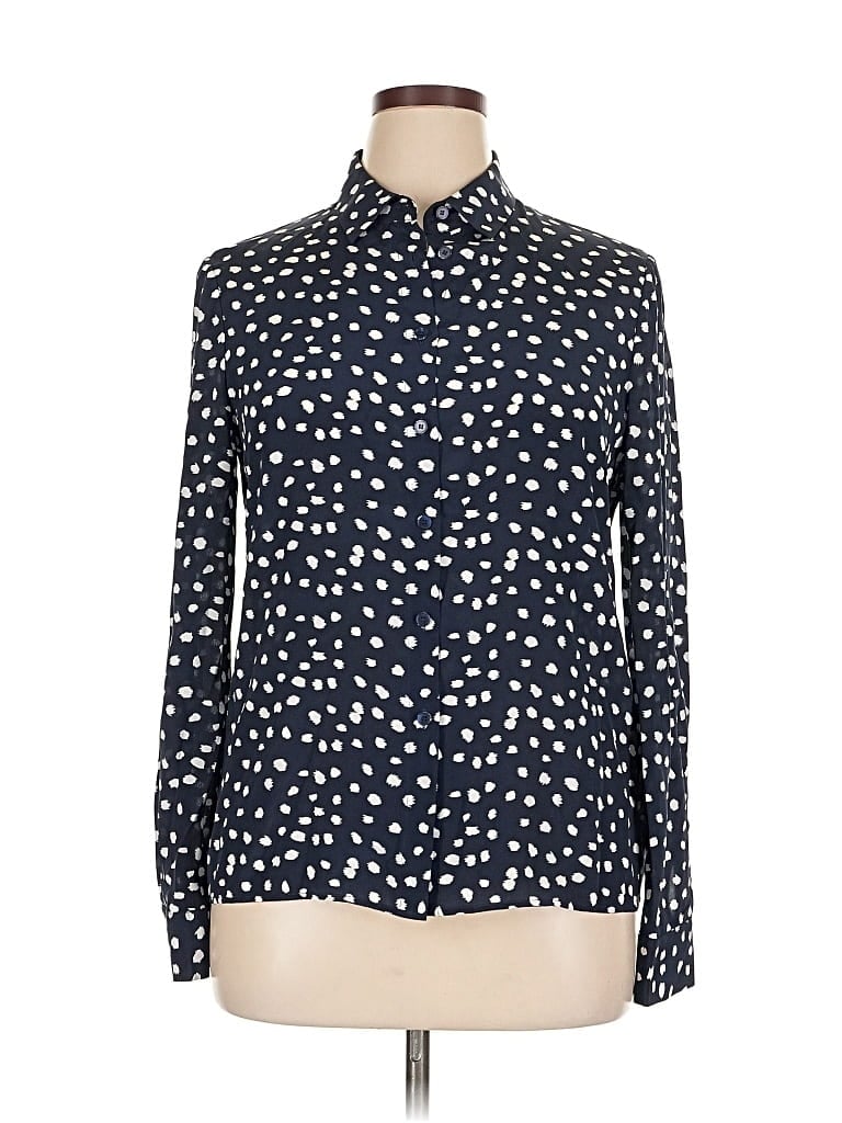 Pre-owned Iris & Ink Long Sleeve Silk Top Blue Polka Dots Pattern Mock Neckline Tops