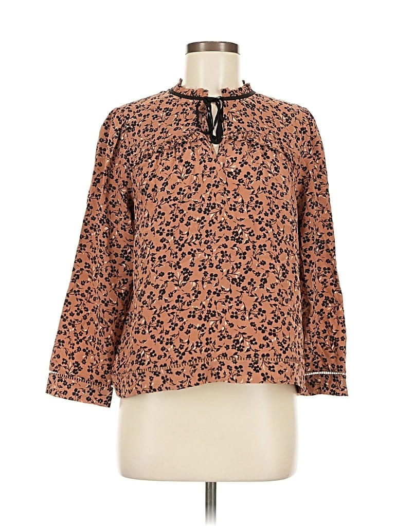 Pre-owned Point Sur 3/4 Sleeve Silk Top Orange Animal Print Pattern Mock Neckline Tops
