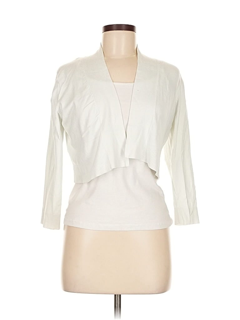 Pre-owned Calvin Klein 3/4 Sleeve Top Ivory Plunge Neckline Tops In White