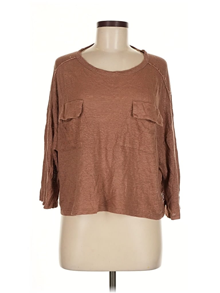 Pre-owned Zara Basic 3/4 Sleeve Top Brown Scoop Neck Tops