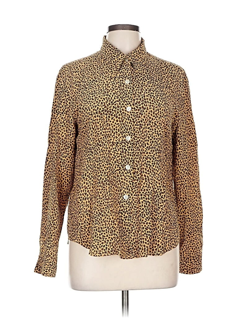 Pre-owned Spenser Jeremy Long Sleeve Silk Top Gold Animal Print Pattern Mock Neckline Tops