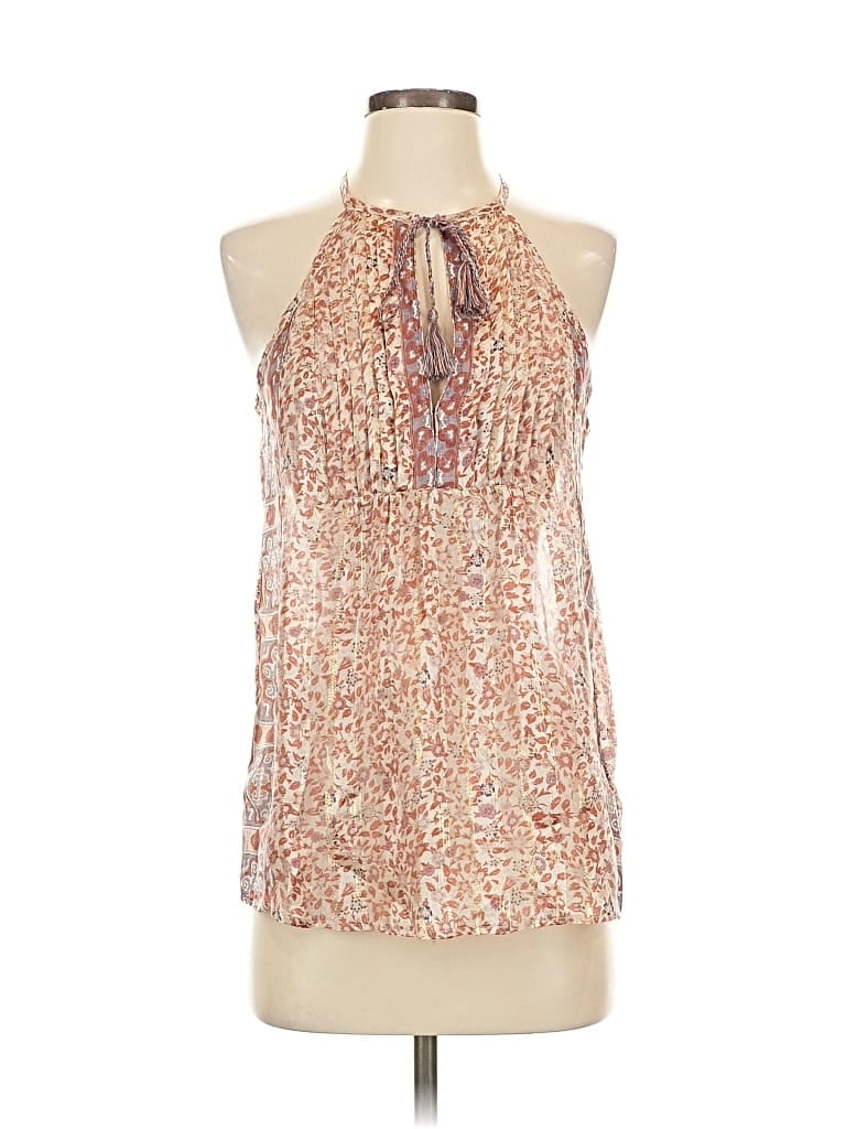 Click to view more detailed imagery on our partner's website Pre-owned Joie Sleeveless Silk Top Gold Print Pattern Halter Neckline Tops