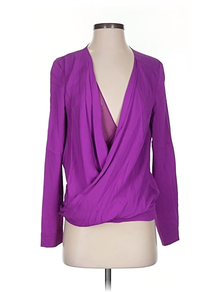 Pre-owned Diane Von Furstenberg Long Sleeve Silk Top Purple Plunge Neckline Tops