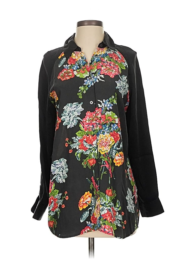 Pre-owned Equipment Long Sleeve Silk Top Black Floral Pattern Tie Neck Tops