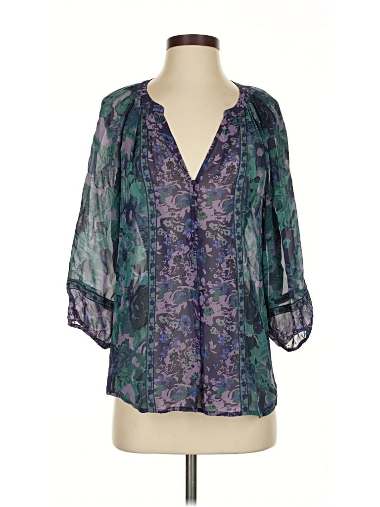 Click to view more detailed imagery on our partner's website Pre-owned Joie 3/4 Sleeve Silk Top Purple Plunge Neckline Tops
