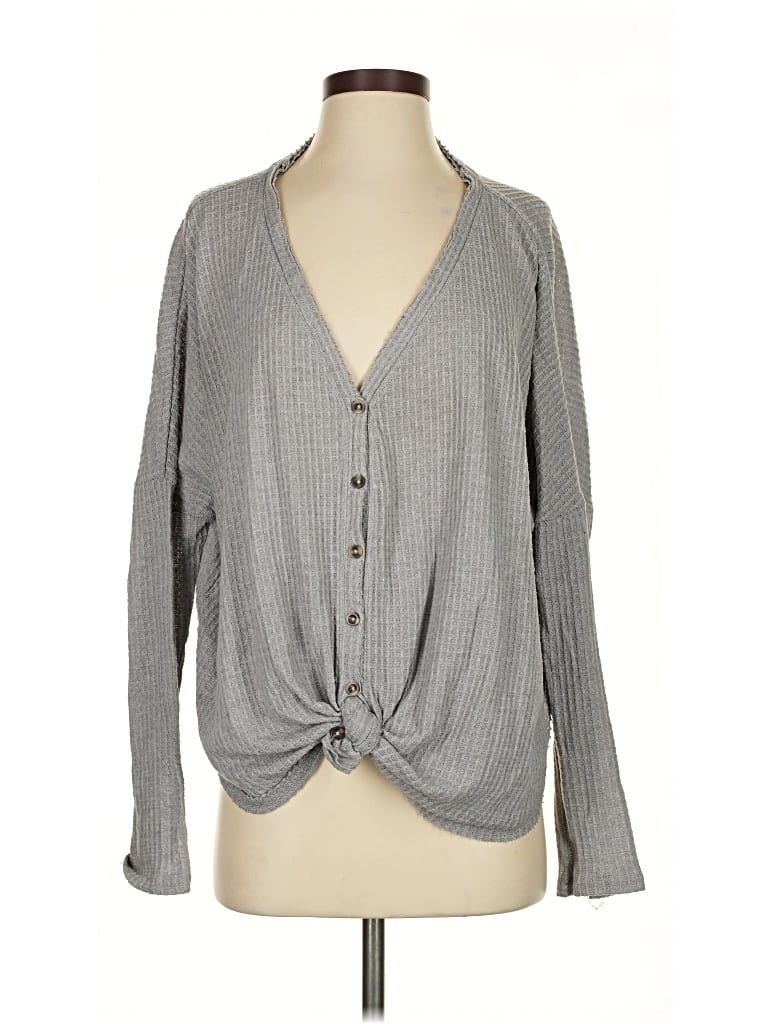 Pre-owned Out From Under Long Sleeve Top Gray Plunge Neckline Tops