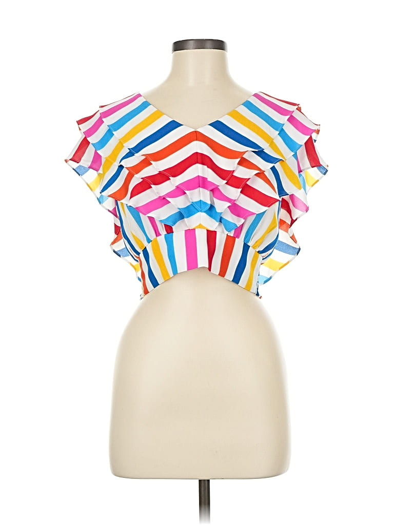 Pre-owned Color Me Courtney Short Sleeve Top Pink Ruffles Neckline Tops