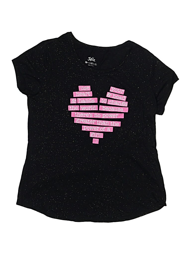 Pre-owned Justice Kids' Short Sleeve Top Black Hearts Pattern Sweetheart Neckline Tops