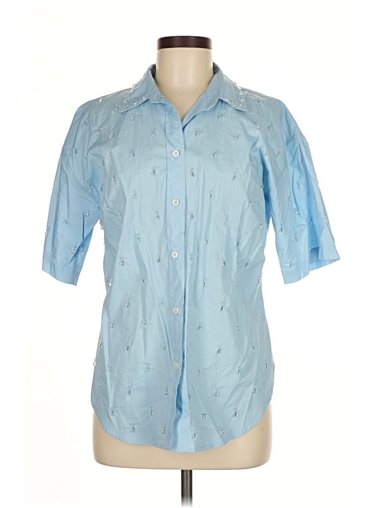 Pre-owned J.crew Collection Short Sleeve Button Down Shirt In Blue