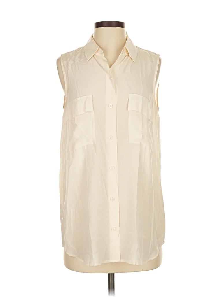 Pre-owned Moda International Sleeveless Silk Top Ivory Collared Neckline Tops In White