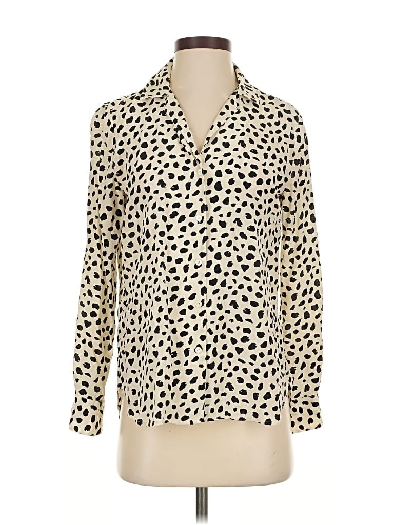 Pre-owned Tommy Bahama Long Sleeve Silk Top Ivory Animal Print Pattern Tie Neck Tops In White