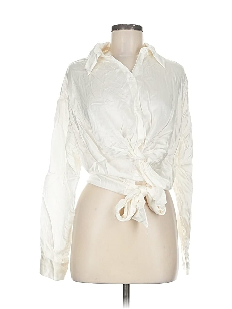 Pre-owned Cynthia Rowley Long Sleeve Silk Top Ivory Collared Neckline Tops In White