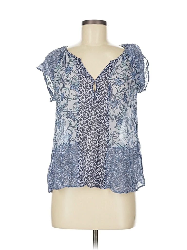 Pre-owned Joie Short Sleeve Silk Top Blue Plunge Neckline Tops