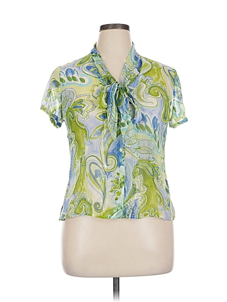 Pre-owned Allison Taylor Short Sleeve Silk Top Green Paisley Pattern Tie Neck Tops