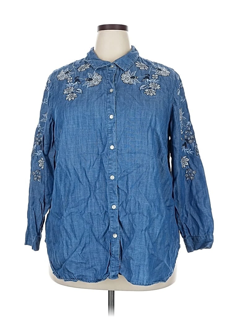 Pre-owned Jjill 3/4 Sleeve Button Down Shirt In Blue