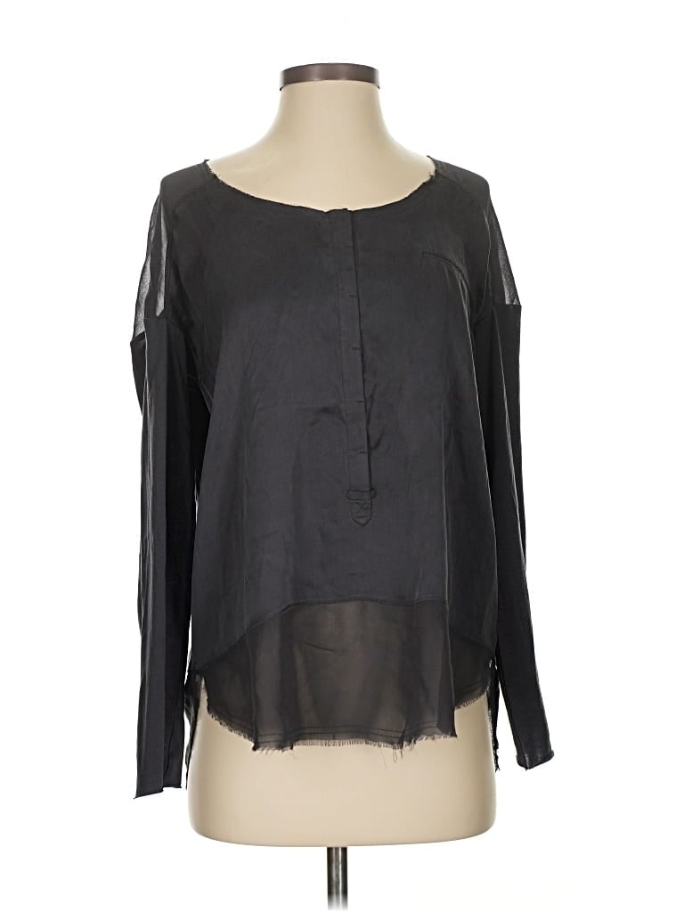 GO BY GO SILK Pre-owned Long Sleeve Silk Top Gray Square Neckline Tops