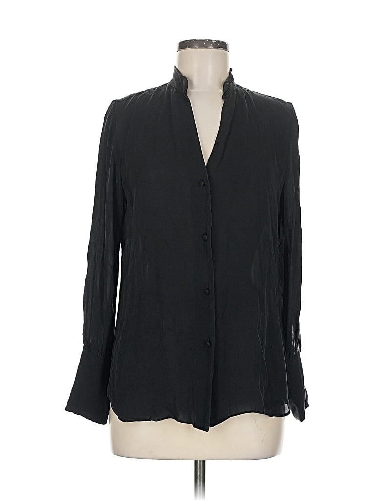 Pre-owned Nili Lotan Long Sleeve Silk Top Black Keyhole Neckline Tops