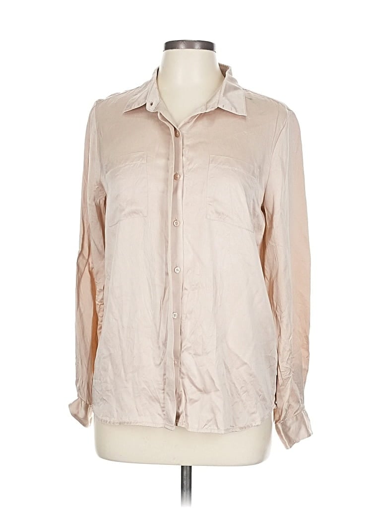 Pre-owned Garnet Hill Long Sleeve Silk Top Tan Metallic Pattern Collared Neckline Tops In Brown