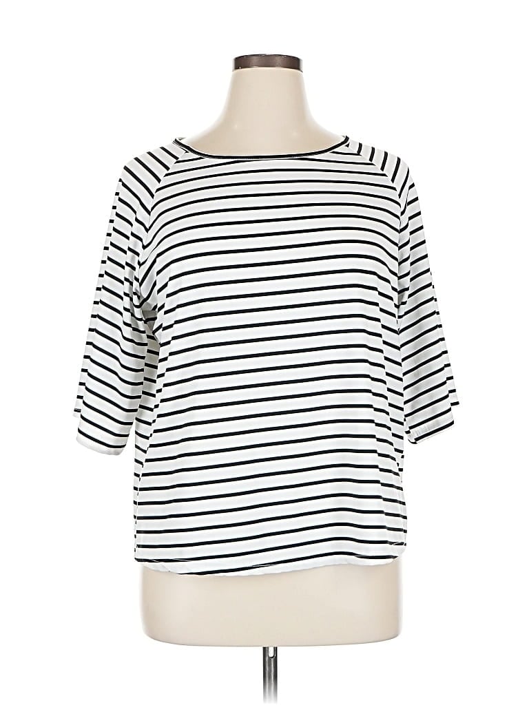 Pre-owned Shein Curve 3/4 Sleeve Top White Stripes Pattern Boatneck Tops