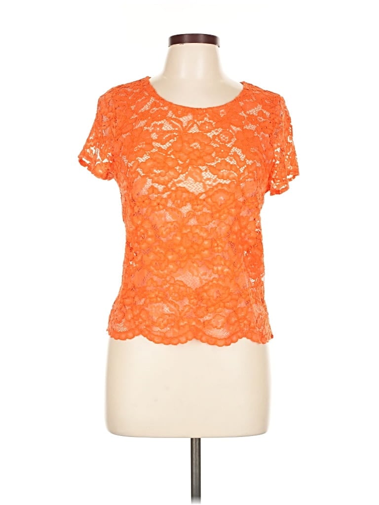 Pre-owned Maison Jules Short Sleeve Top Orange Floral Pattern Crew Neck Tops