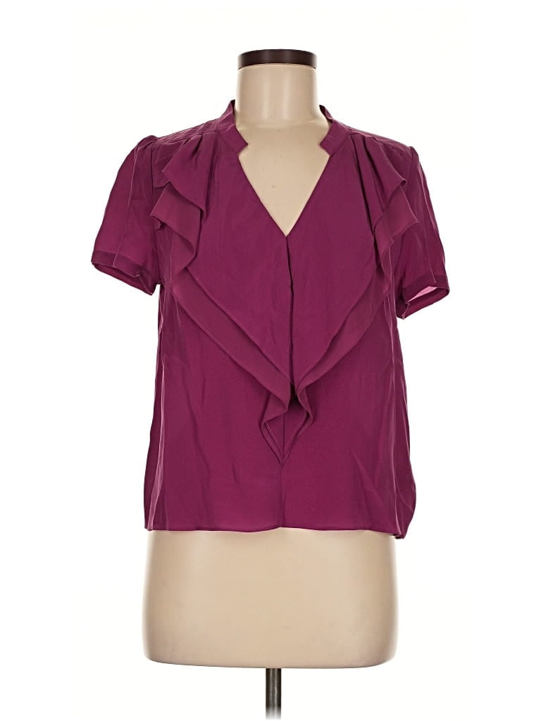 Pre-owned Silence And Noise Short Sleeve Silk Top Burgundy Ruffles Neckline Tops