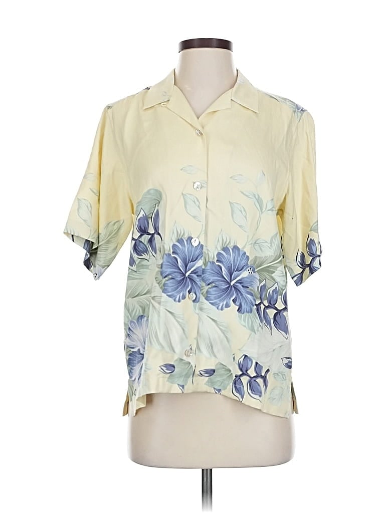 Pre-owned Tommy Bahama Short Sleeve Silk Top Yellow Floral Pattern V Neck Tops