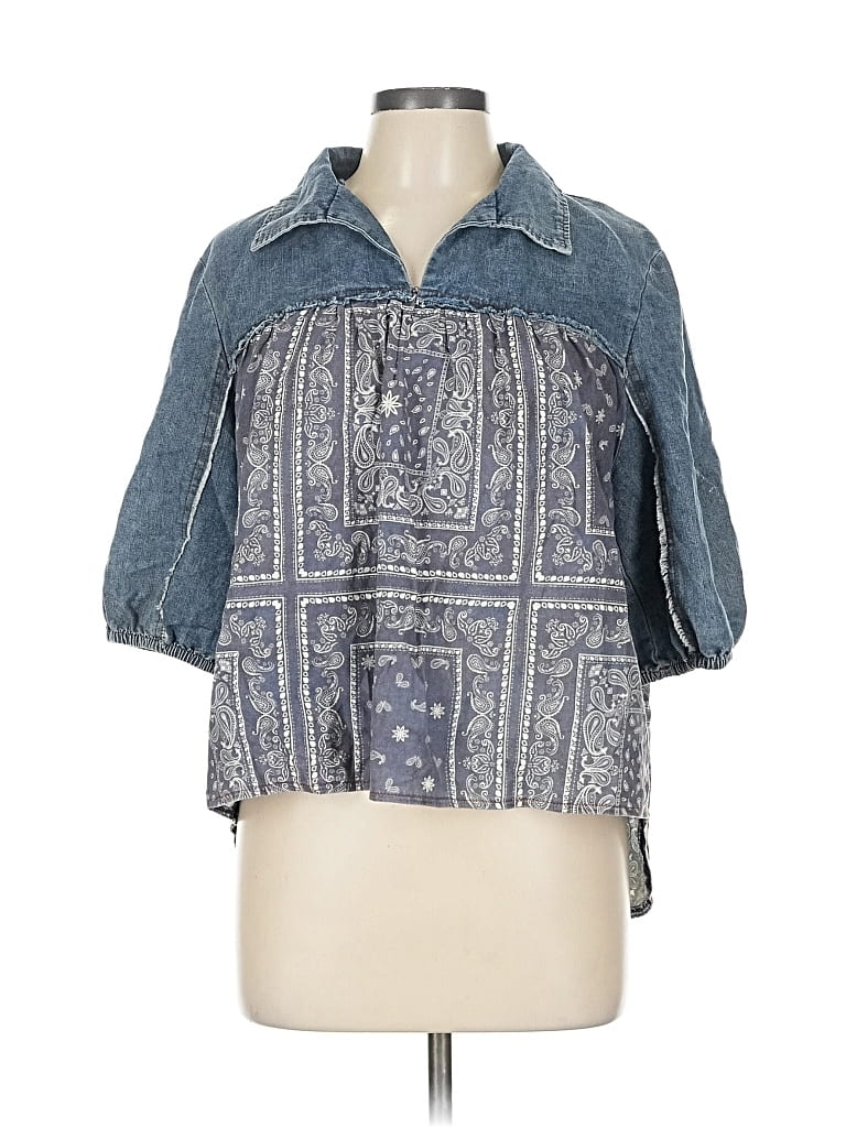 Pre-owned Shein 3/4 Sleeve Button Down Shirt In Blue