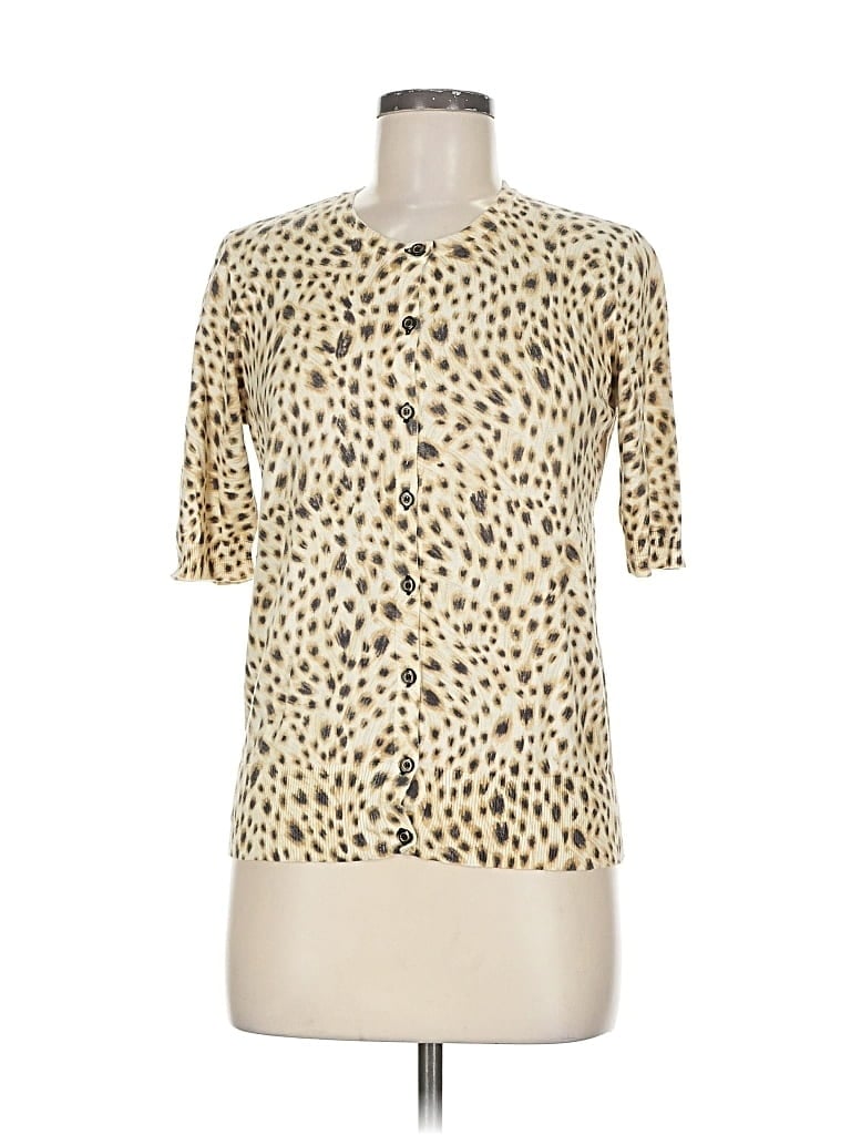 Pre-owned Ann Taylor Short Sleeve Top Tan Animal Print Pattern Crew Neck Tops In Brown