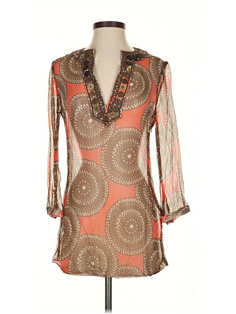 TORY BURCH Pre-owned 3/4 Sleeve Silk Top Brown Plunge Neckline Tops