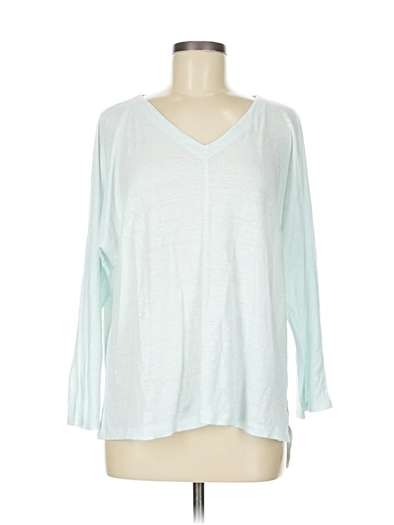 Pre-owned Eileen Fisher 3/4 Sleeve Top Teal V Neck Tops In Blue