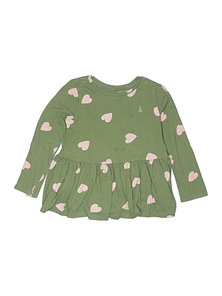 Pre-owned Baby Gap Kids' Long Sleeve Top Green Hearts Pattern Keyhole Neckline Tops