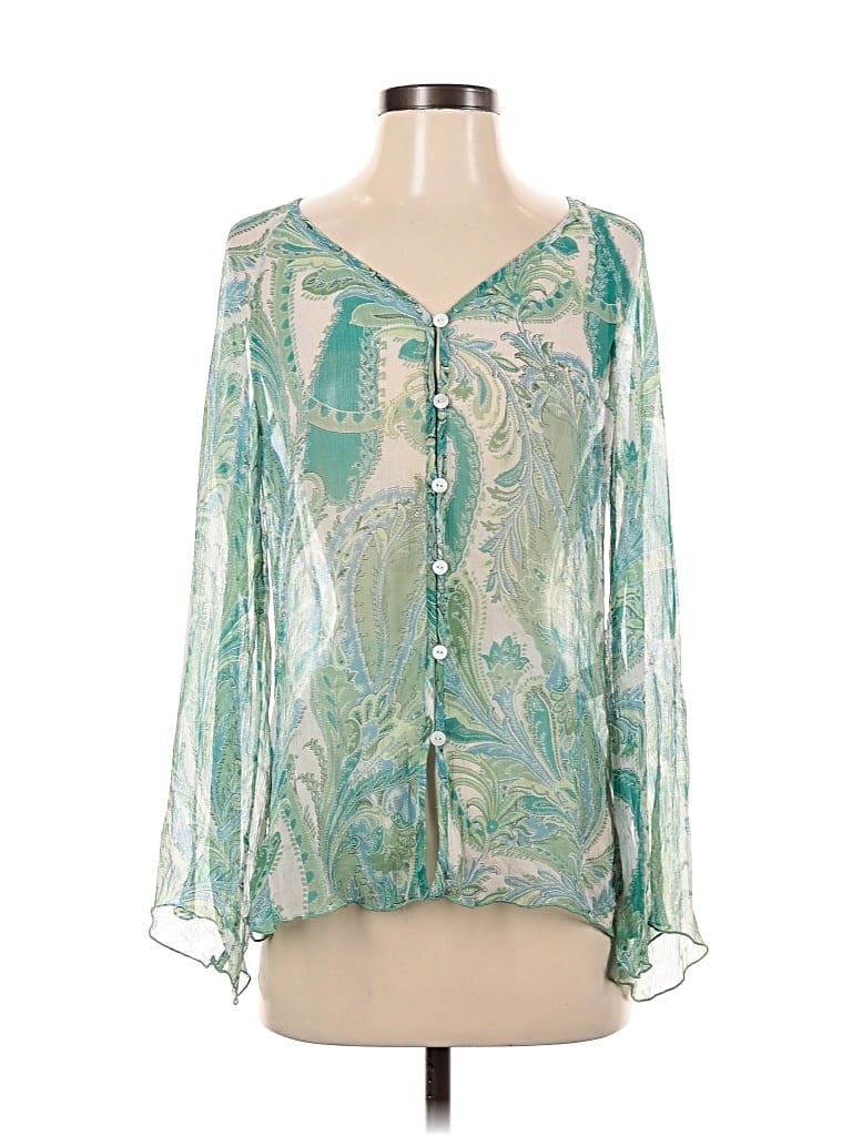 Pre-owned Coldwater Creek 3/4 Sleeve Silk Top Green Plunge Neckline Tops