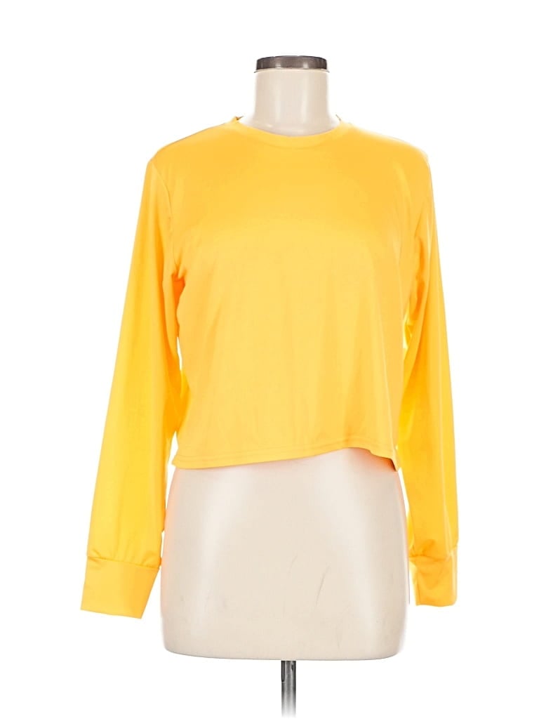 Pre-owned Real Essentials Long Sleeve Top Yellow Crew Neck Tops