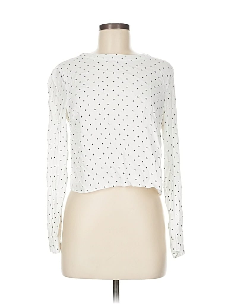 Pre-owned Kimchi Blue Long Sleeve Top White Polka Dots Pattern Mock Neckline Tops