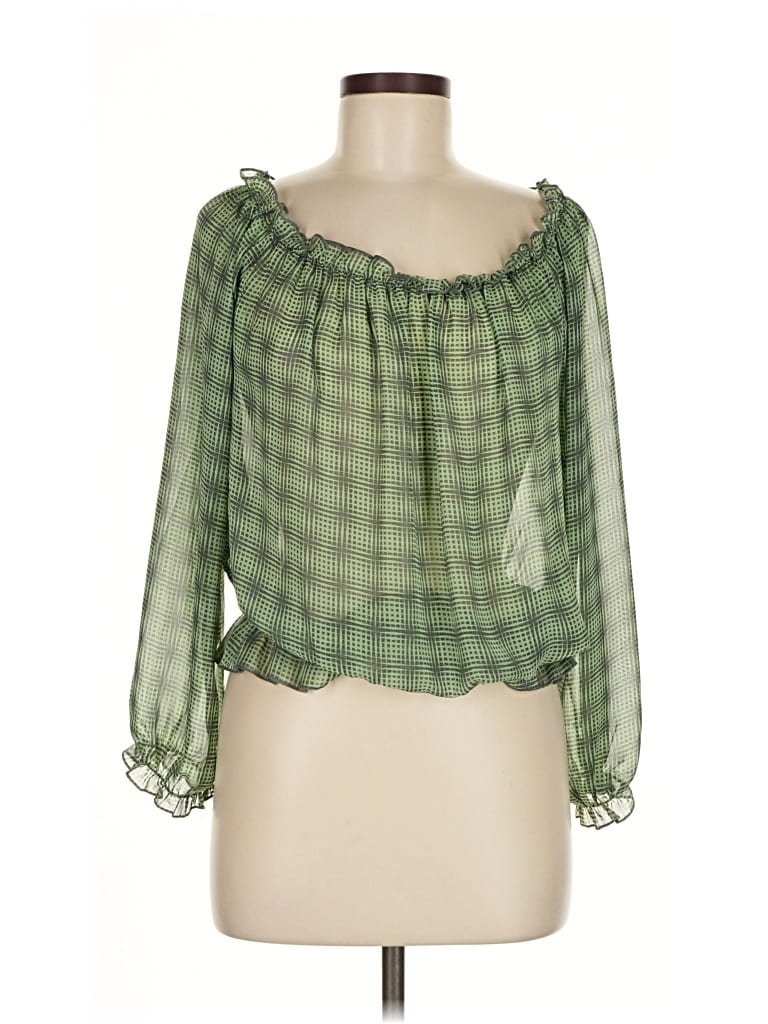Pre-owned Ya Los Angeles 3/4 Sleeve Silk Top Green Square Neckline Tops