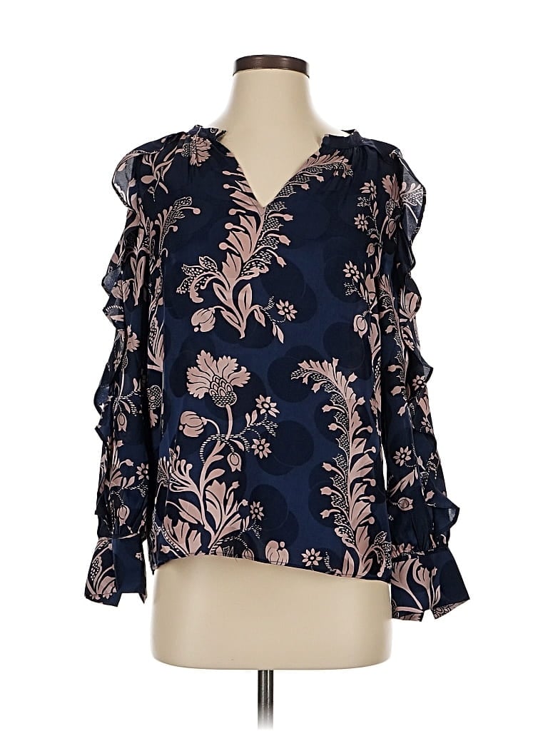 Pre-owned J.crew Collection 3/4 Sleeve Silk Top Blue Plunge Neckline Tops