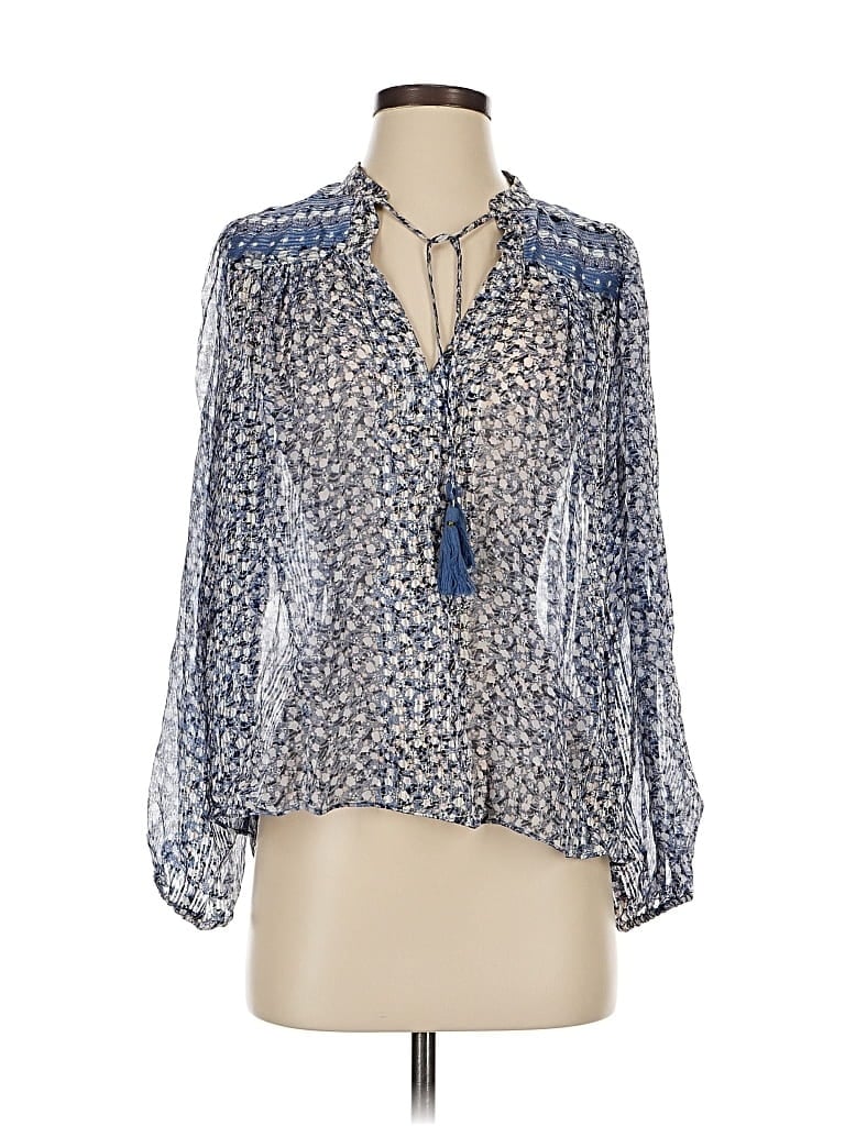 Pre-owned Ulla Johnson 3/4 Sleeve Silk Top Blue Floral Pattern Tie Neck Tops