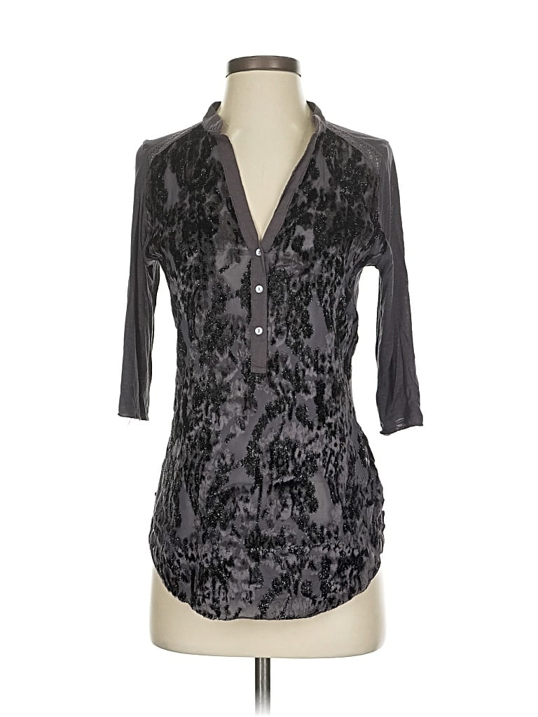 Pre-owned Tiny 3/4 Sleeve Silk Top Gray Plunge Neckline Tops