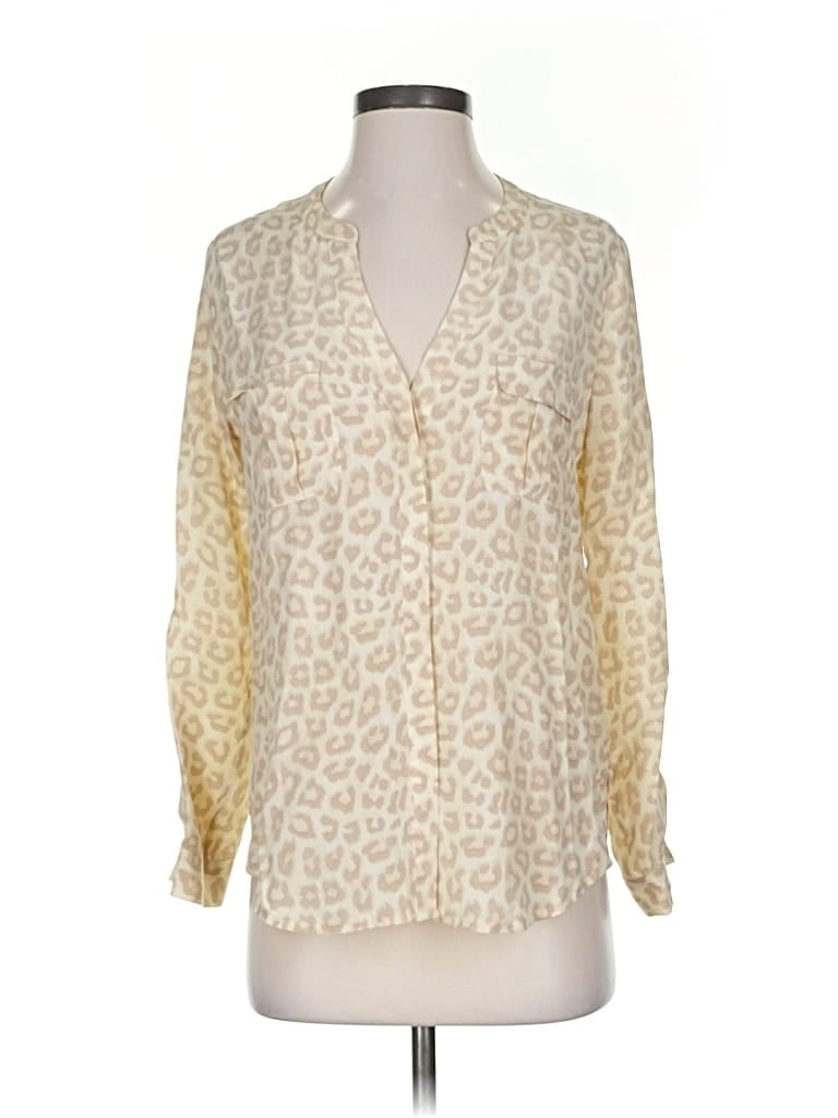 Joie 3/4 Sleeve Silk Top Ivory Animal Print Pattern Plunge Neckline Tops In Yellow