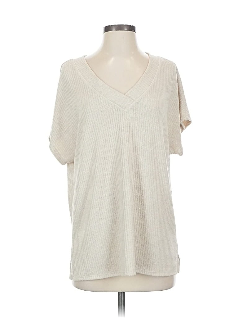 Pre-owned Made With Love Short Sleeve Top Ivory V Neck Tops In White