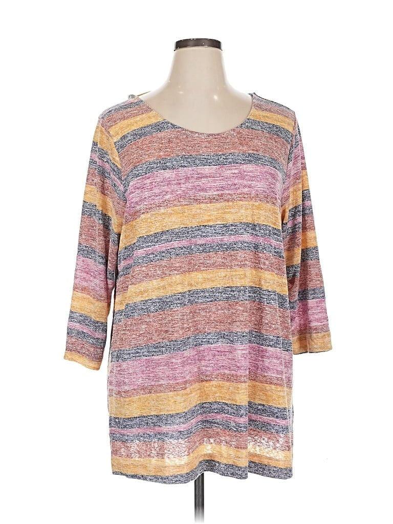 Pre-owned Molly & Isadora 3/4 Sleeve Top Gray Stripes Pattern Scoop Neck Tops