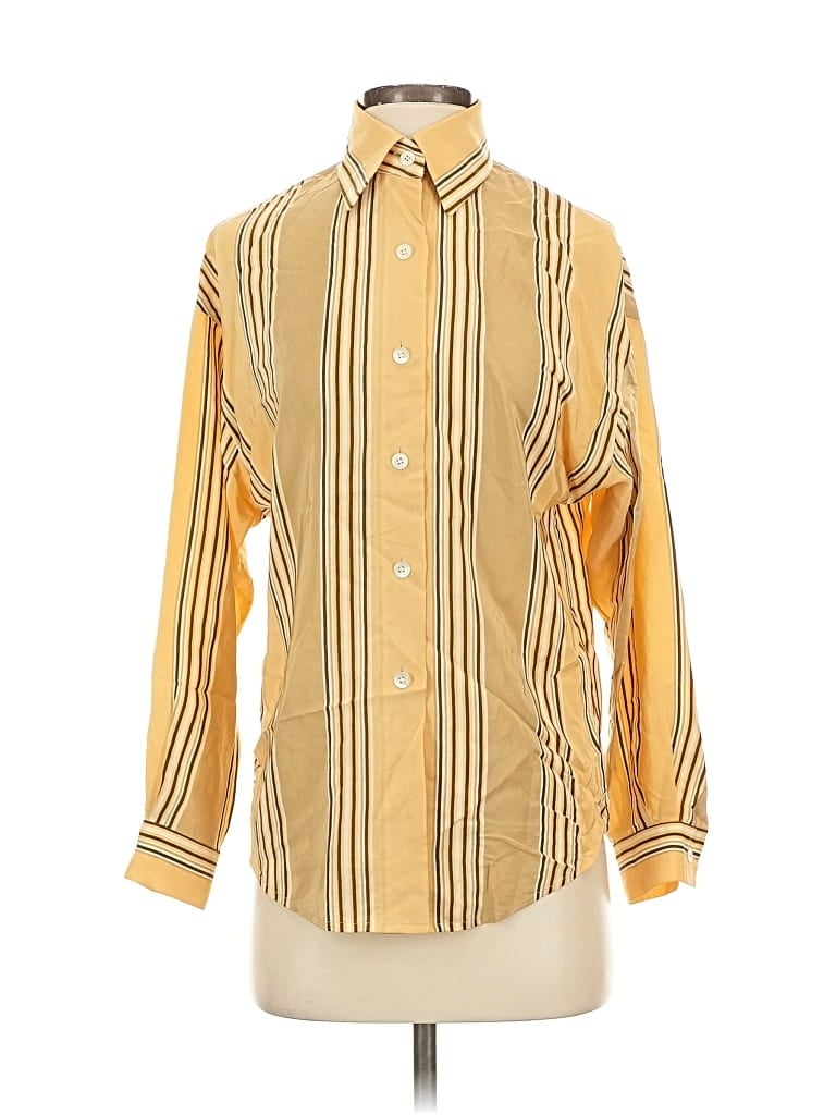 Pre-owned Linda Allard Ellen Tracy Long Sleeve Silk Top Yellow Stripes Pattern Collared Neckline Tops
