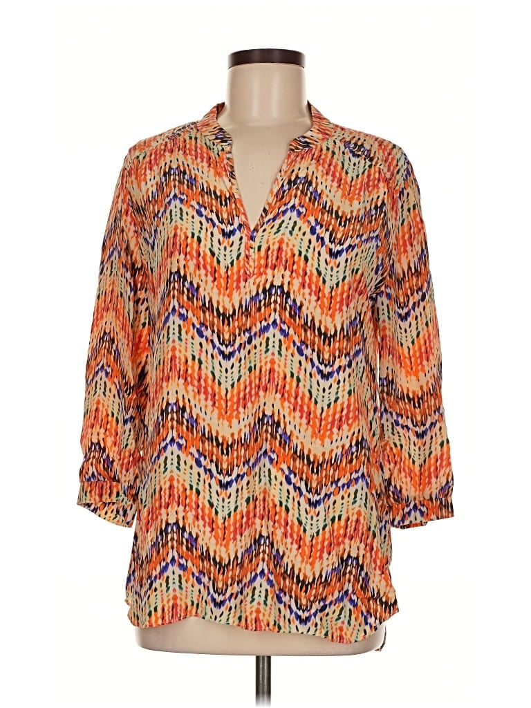 Pre-owned Amanda Uprichard 3/4 Sleeve Silk Top Orange Chevron/herringbone Pattern V Neck Tops
