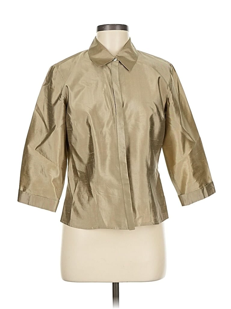Pre-owned Sigrid Olsen 3/4 Sleeve Silk Top Tan Metallic Pattern Mock Neckline Tops In Brown