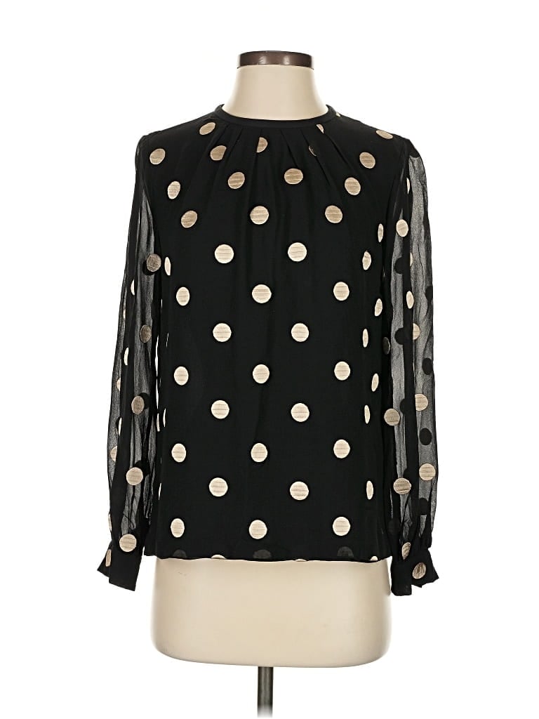 Pre-owned Kate Spade New York Long Sleeve Silk Top Black Polka Dots Pattern Mock Neckline Tops
